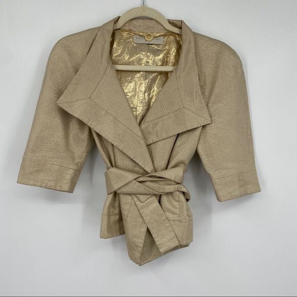 Stella Mccartney Metallic Gold-Tone Shimmer Tie Waist Crop Lapel Mini Jacket